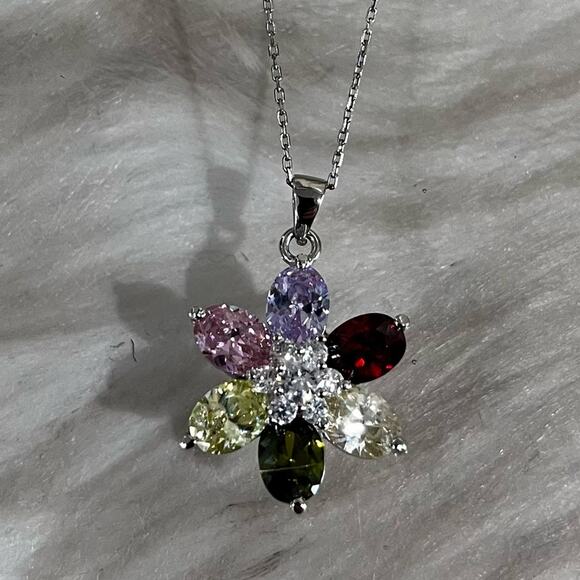 NEW Sterling Silver Amethyst Garnet Citrine Peridot Flower Pendant Necklace 16”